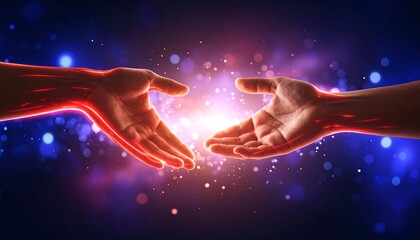 Two hands reach toward a bright light, veins glowing red