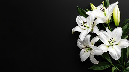 Obraz premium Elegant White Lilies with Green Leaves on a Dark Background for Floral Designs and Home Decor