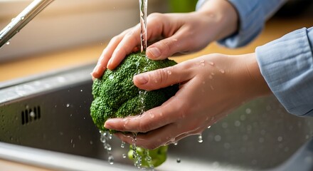 Close-up shot of hands washing fresh broccoli under running water in a sink for preparing a