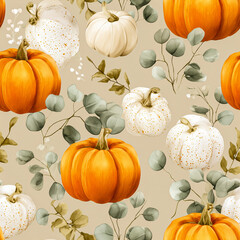 Seamless Pattern with White & Orange Pumpkins and Eucalyptus Leaves