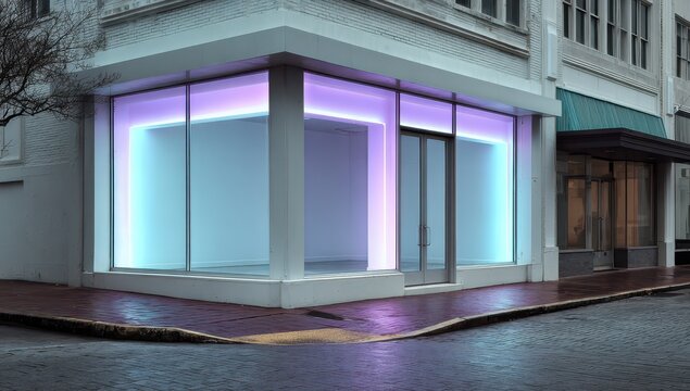 Storefront Corner Illuminated display for retail; city building backdrop, use commerce