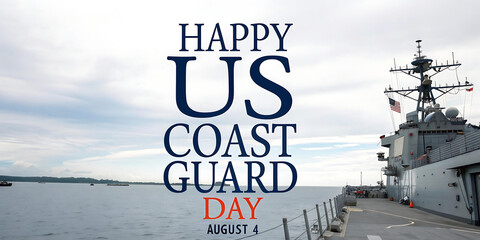 Happy us coast guard day with a large naval ship sailing on the ocean under a cloudy sky