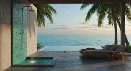 Luxurious outdoor shower and pool deck overlooking ocean