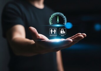 Vector art of man holding a virtual gauge with performance and trust icons