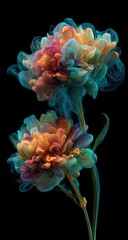 Colorful smoke flowers, dark background, artistic studio shot, design element