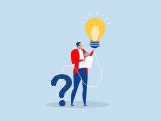 businessman holding question mark sign and lightbulb solution.Question and answer, q and a or solution to solve problem  creative thinking idea concept vector