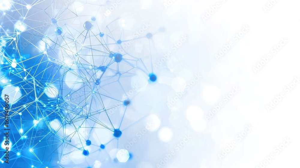 Poster abstract blue network background with glowing dots and lines for technology and innovation concepts