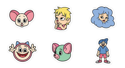 Collection of six playful cartoon character stickers featuring animals and people.