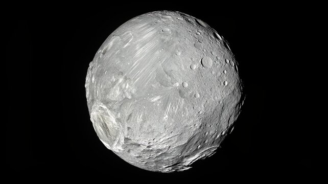 This image provides a striking view of Miranda, the innermost and smallest of Uranus's five large, spherical moons.