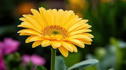 Obraz premium Bright Yellow Flower Blooms in Garden with Soft Focus Background and Vibrant Green Leaves Surrounding the Blossom