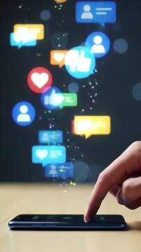 Conceptual image of digital communication, with a finger touching a smartphone and launching glowing social media notification icons