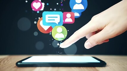 Social networking and digital communication technology concept. A hand points to a smartphone with various media icons - Powered by Adobe