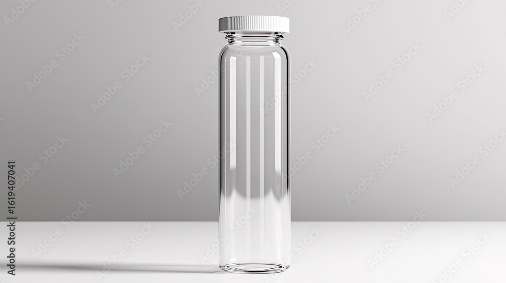 Poster empty clear glass bottle with a white cap on a neutral background showcasing modern minimalist desig