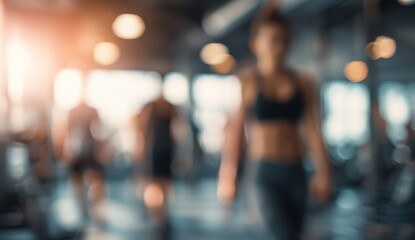 Blurry gym interior, people working out