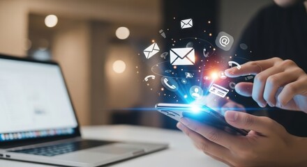 Fototapeta premium Modern technology and digital communication icons floating above a smartphone