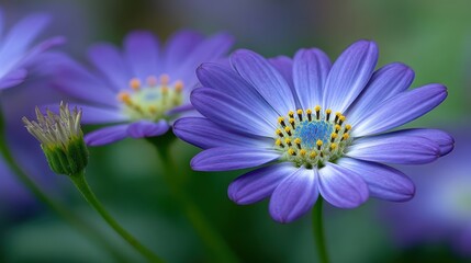 Fototapeta premium A close-up view of vibrant purple daisy flowers with delicate petals and a blurred green background