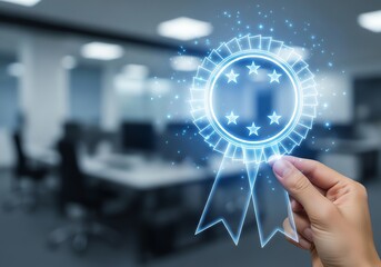 Vector art of hand holding a glowing virtual award with stars