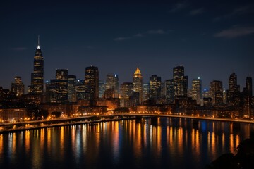 Fototapeta premium Nightscape of Skyscrapers: A mesmerizing twilight view captures a city skyline, its tall structures glowing with interior illumination reflected beautifully in the still water below.