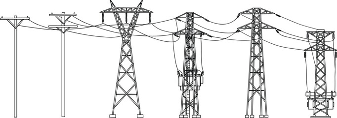 High voltage power line towers vector illustration, electric transmission pylons and utility poles, detailed technical drawing, energy infrastructure sketch