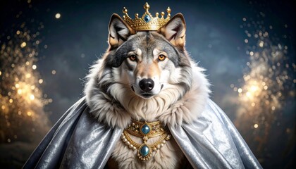 Elegant Wolf Wearing a Silver-Fur Queen's Cape 