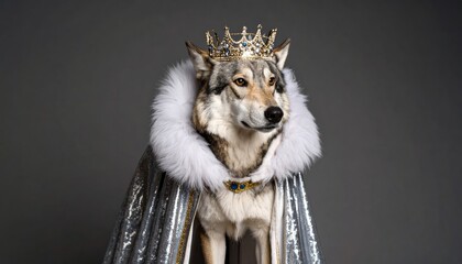 Elegant Wolf Wearing a Silver-Fur Queen's Cape 