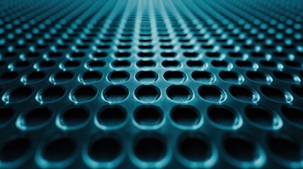 Abstract close-up of a dark teal metal perforated panel with circular holes, creating a grid pattern.