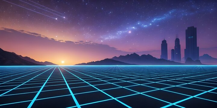 3d illustration of futuristic cityscape with neon grid and starry sky at sunset - Powered by Adobe