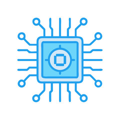 Stylized blue microchip graphic on black background, technology concept