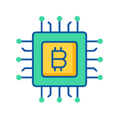 Digital bitcoin processor flat vector concept on black backdrop