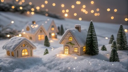Fototapeta premium 3d illustration of charming winter village scene with snowcovered houses and festive lights