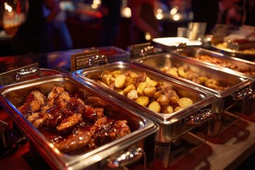 Obraz premium A buffet table with hot trays filled with roasted potatoes, glazed chicken wings, and other delicious dishes at a lively event