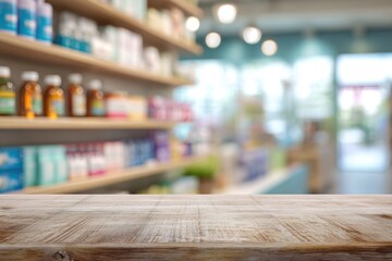 Pharmacy interior, wooden table top
