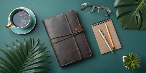 3d illustration of workspace flatlay with notebook, coffee, and plants on a green desk