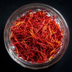 Fototapeta premium Saffron threads inside glass jar on dark surface, use as spice or cooking ingredient