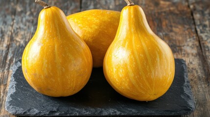 Three yellow pear-shaped gourds sit on a dark slate slab over a wood surface. Use this rustic image for fall, harvest, or Thanksgiving designs.