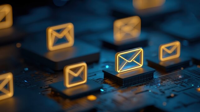 Glowing email icons float above a futuristic digital circuit board, symbolizing electronic communication and technology