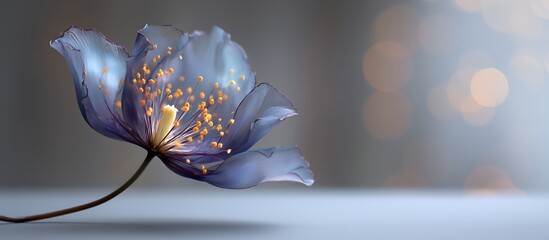 Abstract transparent flower with delicate petals and bright center, against a bokeh background. Modern art and creative design inspiration.