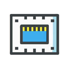 Stylized microprocessor chip illustration on black background for technology use