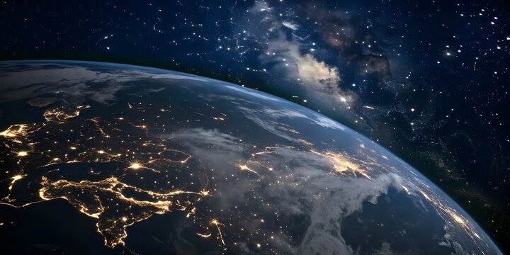 3d illustration of a view of earth at night from space with city lights and stars