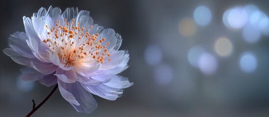 Dreamy translucent flower with bokeh lights. Delicate blossom petals and orange stamen. Abstract floral art for banner.