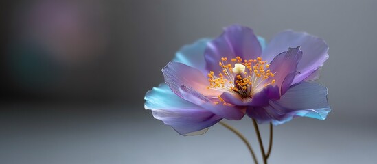 Delicate purple and blue flower with glowing center and visible stamens on a soft background, representing growth.