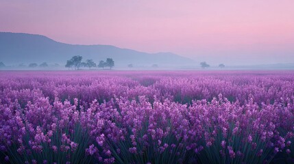 Obraz premium Lavender Field Blooming at Sunset with Warm Light and Mountain View
