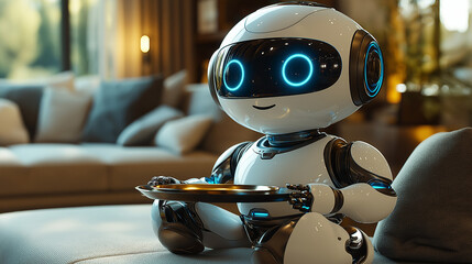 Humanoid service robot offering a tray in a modern living room