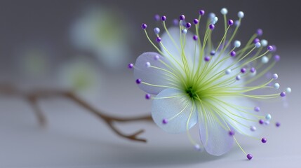 Delicate artificial flower with long stamens and colorful beads. Abstract floral art for design element or greeting card.
