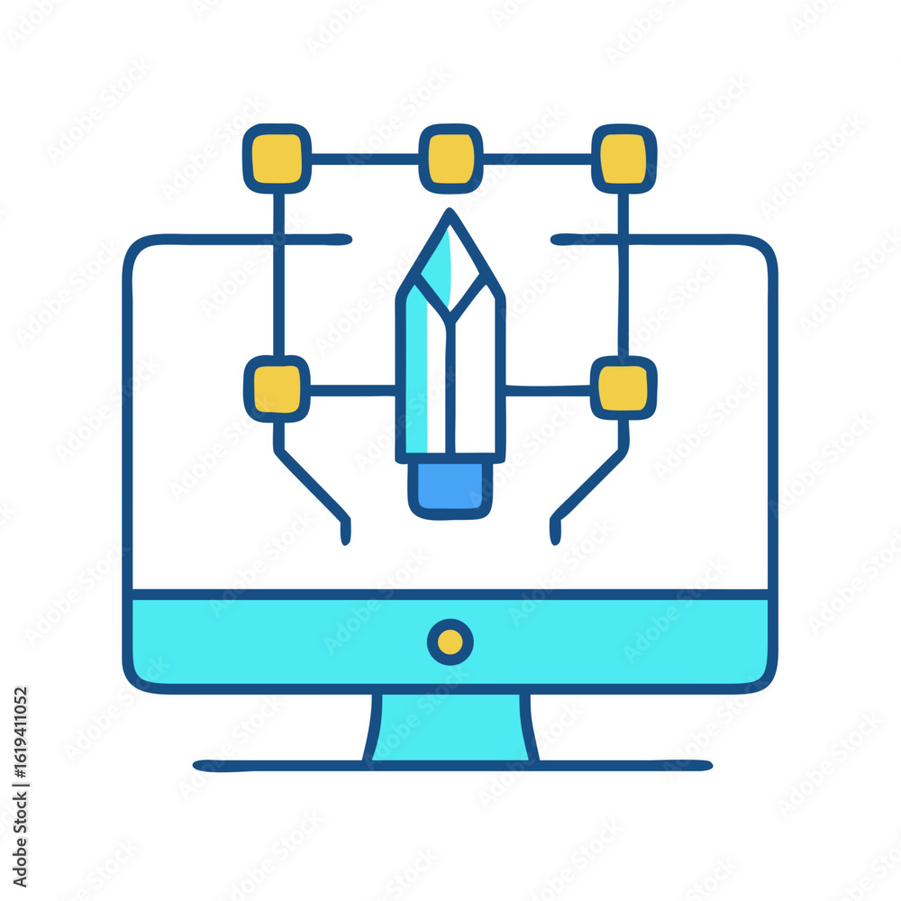 Aufkleber digital design process displayed on computer with interconnected elements