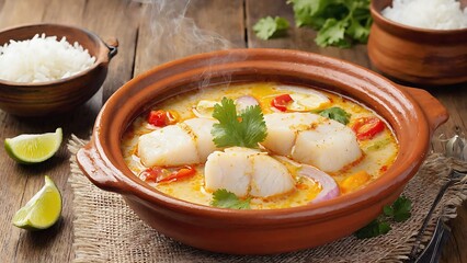 Delicious fish stew with coconut milk, vegetables, and herbs served in a rustic clay bowl with rice.