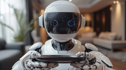 Humanoid service robot offering a tray in a modern living room
