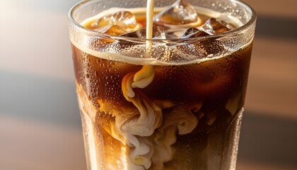 Iced coffee with milk swirling inside a glass jar, condensation droplets.