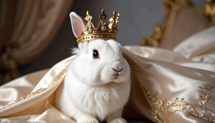 White Rabbit in a Queen’s Mini Crown and Silk Dress 
