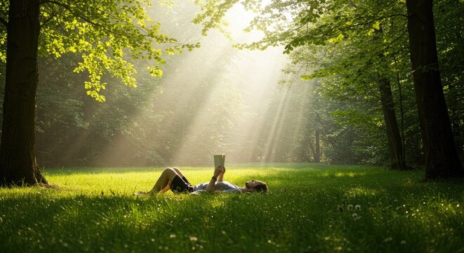 Man relaxing in a park, reading a book
